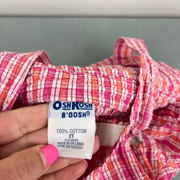 Vintage OshKosh B'gosh Pink Orange Plaid Flower Shortall 2T - Picture 5 of 9